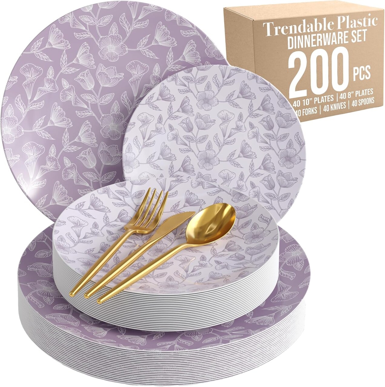 Trendables Fancy Plastic Wedding Dinnerware Set – Gold Disposable Forks Spoons Knives, 10” Charger Plates & 8” Dessert Plates – Elegant Reception, Holiday, Banquet & Special Event Supplies